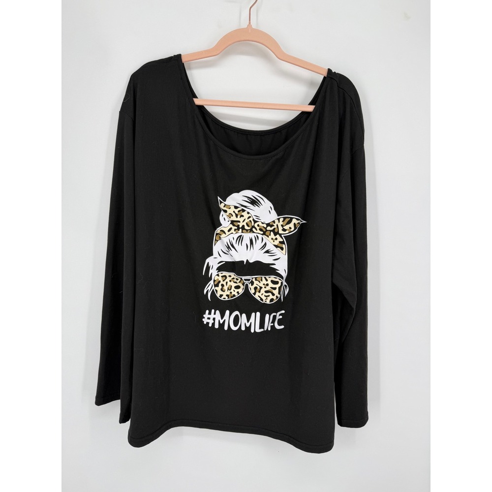 Graphic Top Women 3XL Black Mom Life Leopard Print Long Sleeve SOFT